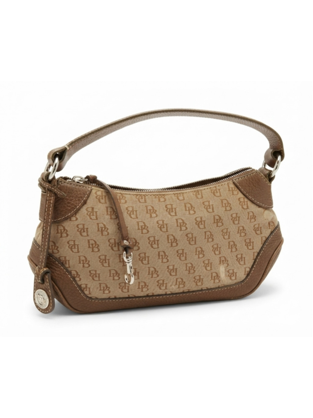 Dooney & Bourke Khaki Signature Print Mini Hobo Bag w/Camel Pebbled Leather Trim